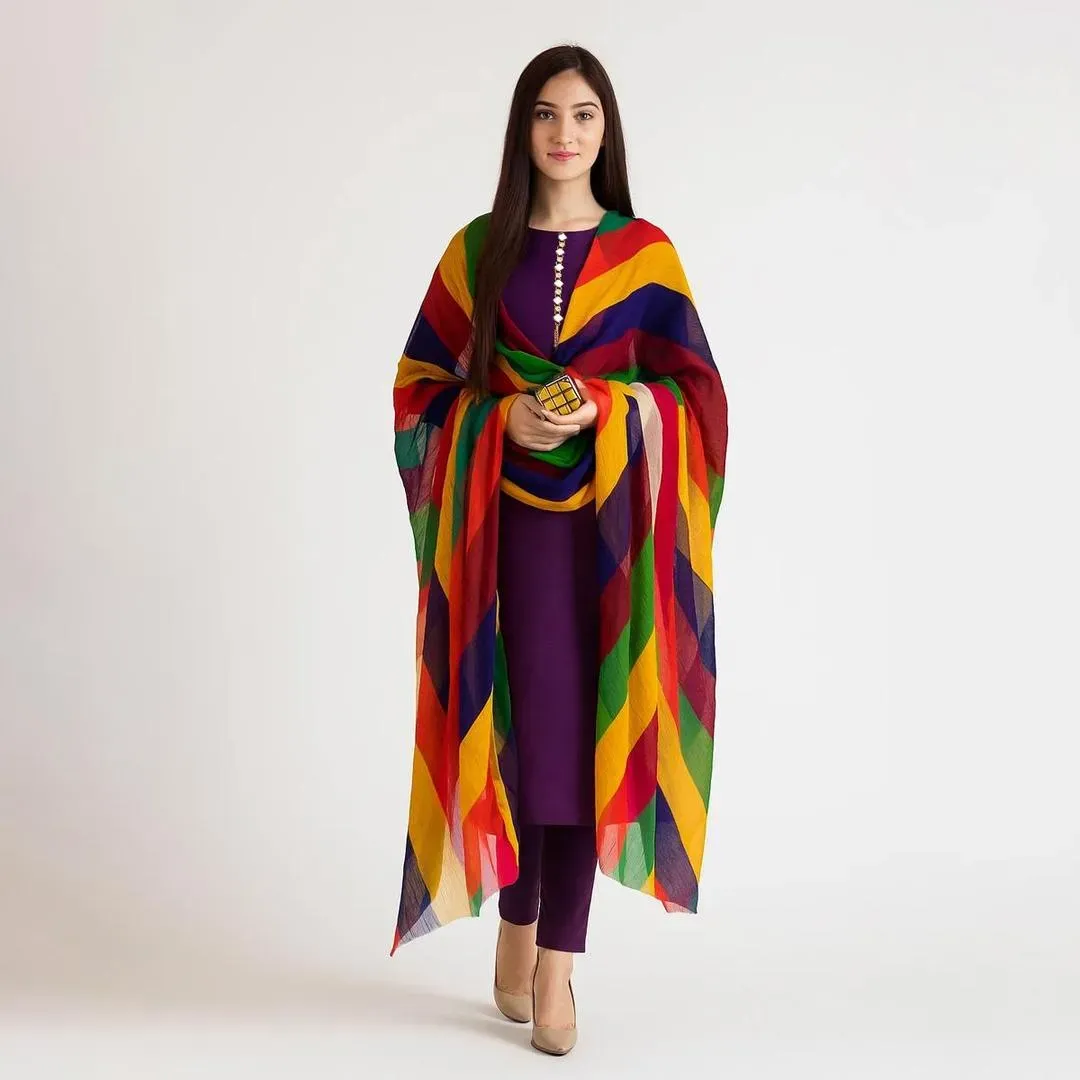 Purple Katan Silk 3-Piece Suit with Rainbow Dupatta