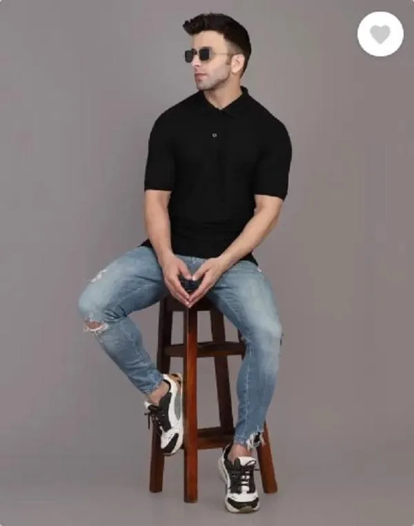 Men Black Cotton Polo T-Shirt Slim Fit Summer Wear